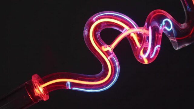 Showing S-shaped tube emitting red plasma and blue glow after connector power in dark studio clip