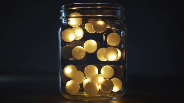 Jostling clear glass mason jar, warm-white LED spheres tumbling and settling on wooden tabletop