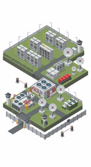 Isometric illustration of an industrial facility with multiple buildings and machinery.