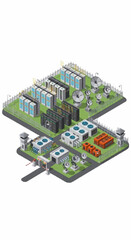 Isometric illustration of an industrial facility with various buildings and equipment.