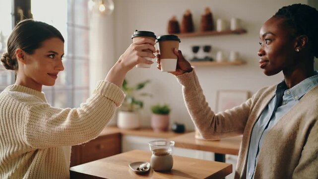 Raising to-go cups while catching up, two women in sweaters clinking lids in bright cozy kitchen