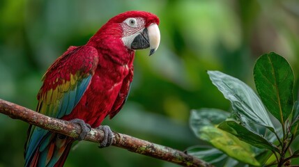 Fototapeta premium Vibrant red macaw perches on tree branch outdoors
