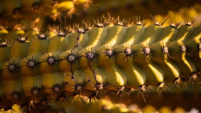 Camera tracking macro columnar cactus showing detail in garden light, revealing areoles and spines