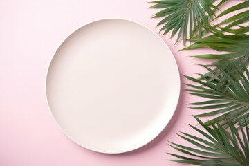 Fototapeta premium Pink plate and green tropical palm leaves on light pink background with copy space