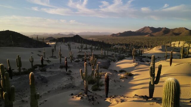 Pushing forward camera revealing dense columnar cacti on sand dunes, highlighting yellow bloom