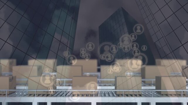 Animation of cityscape and icons over boxes on conveyor belt
