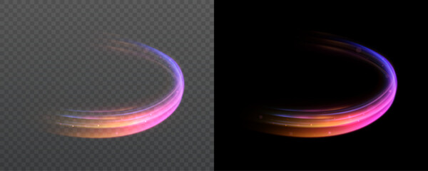 Abstract neon light trail with shining blue pink neon glow on dark background. © Valeriia