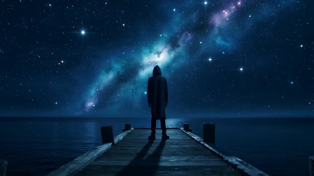 Bracing hooded figure watching Milky Way from wooden pier, coat billowing in light breeze