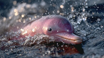 Fototapeta na wymiar Pink river dolphin surfacing from dark water with splashes