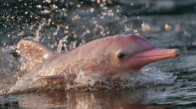 Pink river dolphin emerging from dark water with splashing