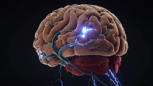 Rotating human brain firing bluewhite sparks, arcs over teal veins in dark void revealing brainstem