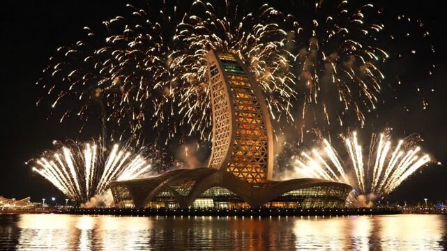 A building with fireworks exploding in the night sky reflected on water