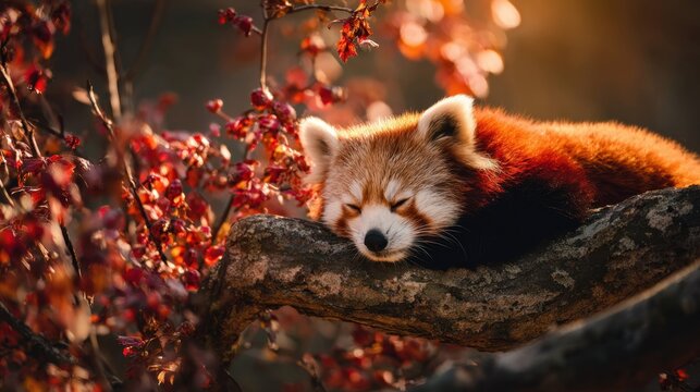 Red panda sleeping on tree branch with warm autumn light
