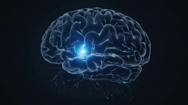 Pulsing 3D brain as core brightening emitting sparks along filaments on backdrop showing activation