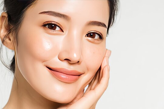 Portrait of a woman with radiant skin, smiling, hand on cheek