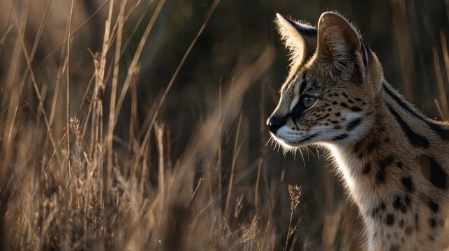 Serval cat mid-shot in savanna grass with golden backlight