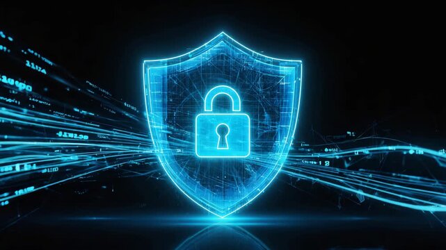 Digital Shield with Padlock Icon on Abstract Blue Light Streaks Background