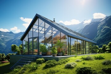 Obraz premium Glass house with an a frame roof existing within a serene mountain environment