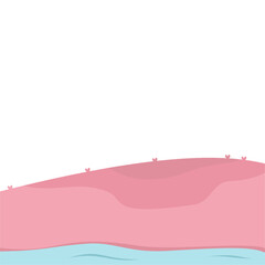 Serene landscape with pink hills and calm blue water