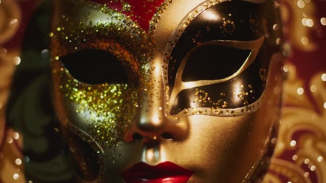 Pulling camera forward lights shifting glitter, Venetian mask sparkling on gold wall showing sheen