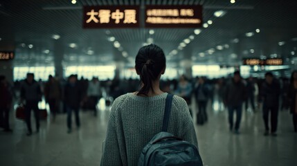 Fototapeta premium A lone woman with a backpack, seen from behind, walking through a dimly lit, bustling airport or train station terminal.