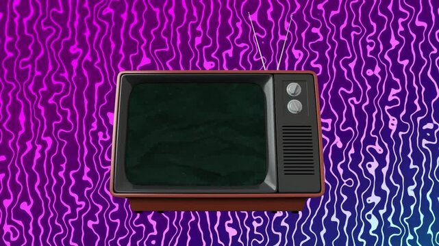 Animation of vintage tv over shapes on black background