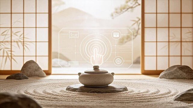 Tea pot with digital interface in serene setting