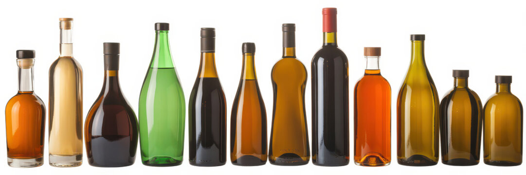 Assorted wine and liquor bottles on a white background