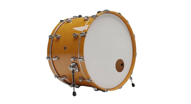 A large golden drum with a white head and silver hardware on a plain background