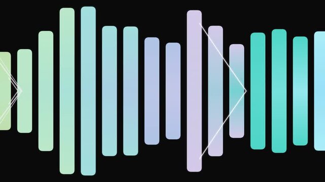 Spectrum analyzer. Multi-colored vertical bars on black, sound waves, bright and geometric, abstract design, simple, flat lay, top view.