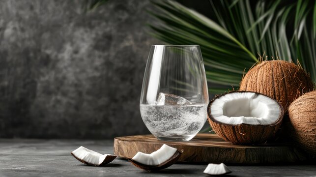 Refreshing Coconut Water with Ice on Wooden Board