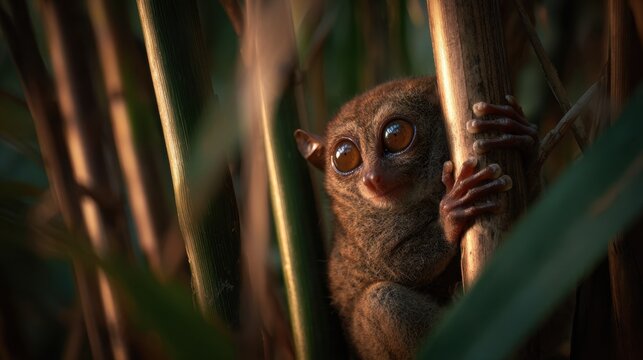 Brown furry tarsier clinging to bamboo stalk in lush environment