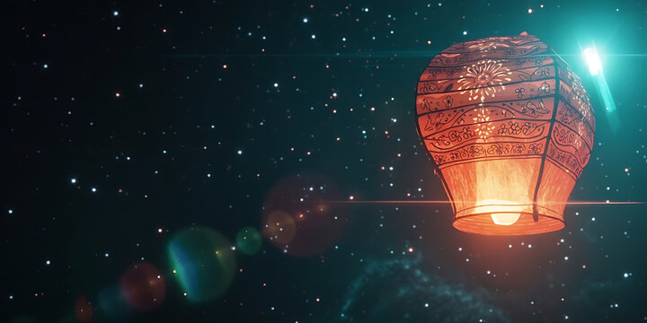 Glowing chinese lantern flying in starry night sky with bright light