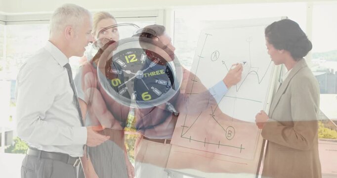 Composite video of alarm clock against diverse businesspeople discussing over a whiteboard at office