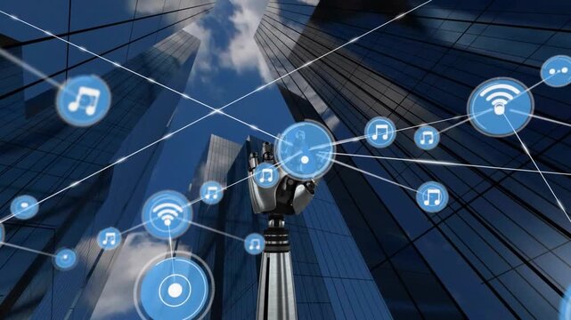 Animation of robot's arm and network of connections with icons over buildings