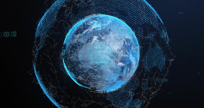 Animation of binary coding data processing over globe