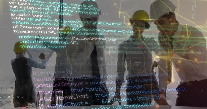 Animation of computer language and navigation pattern over diverse engineers discussing blueprint