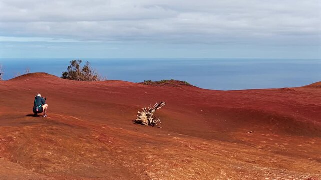 Female Hiker Photographing Monta&ntilde;a del Cepo Red Plateau Agulo La Gomera