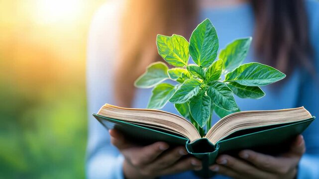 Knowledge Blossoms: A woman tenderly cradles an open book from which a vibrant green sprout emerges, symbolizing the nurturing power of knowledge and growth.