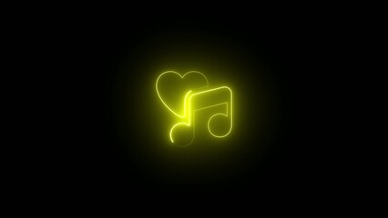 Neon yellow heart and music note on black background