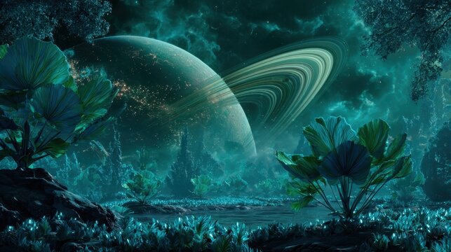 Moonlit alien landscape with ringed planet and glowing plants