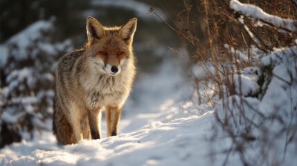 Naklejka premium Red fox stands in snowy winter setting with golden sunlight
