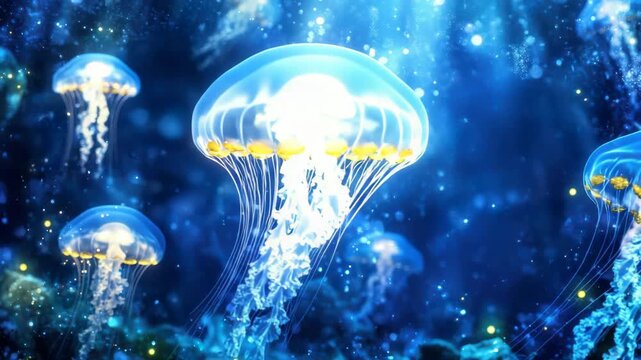 Luminous Jellyfish Ballet in the Abyss: A mesmerizing underwater scene of graceful jellyfish drifting through the ocean depths, their ethereal forms glowing with a gentle light.