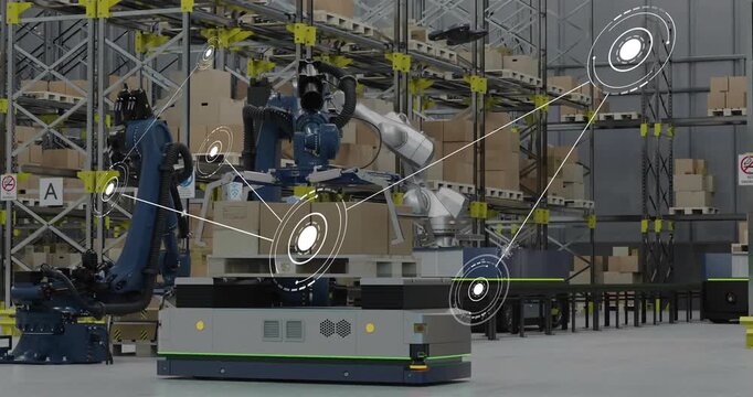 Animation of network of connections with icons over robot in warehouse