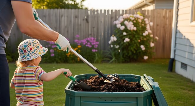 A man and a toddler engaging in eco-friendly composting in a backyard with a wooden fence and flowers