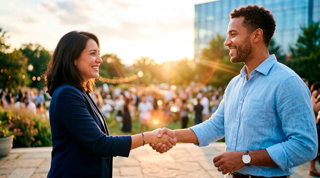 Diverse business professionals shaking hands in outdoor corporate event at sunset