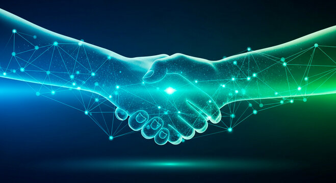 Business partnership handshake with glowing network connections