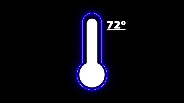 Neon Celsius thermometer displayed temperature 72 degree. Thermometer equipment showing hot or cold weather. 4K Video motion graphic animation.