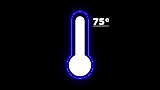 Neon Celsius thermometer displayed temperature 75 degree. Thermometer equipment showing hot or cold weather. 4K Video motion graphic animation.