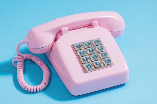 Retro pink telephone with dial pad on a vibrant blue background